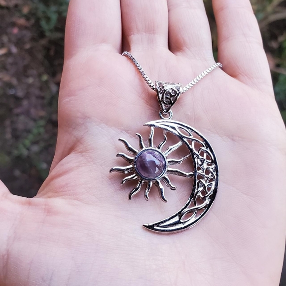 New Silver Amethyst-like / Sun Eclipse Moon Celtic Necklace - Picture 3 of 4